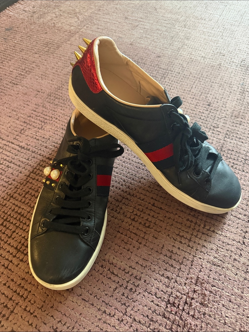 Gucci Black Leather Ace Pearl Studded Sneakers with Spiked Heel